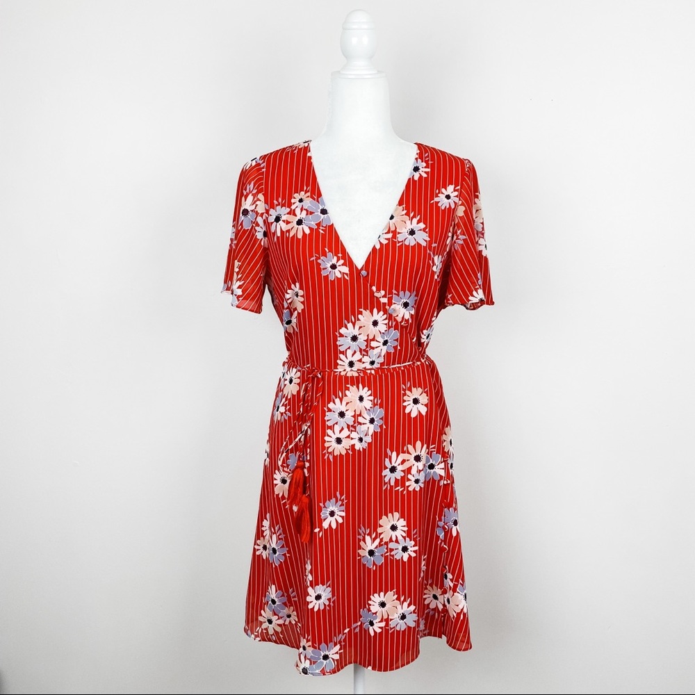 Madewell Red Striped Floral Size 6 Flutter Sleeve Wrap Daisy Society Dress
